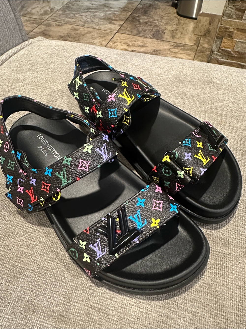 Black Multicolor Monogram Leather Buckle Sandals size 37